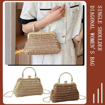 Summer Beach Straw Bags Exquisite Gold Chain Party Banquet Purse Hand Woven Handbag Female Clutch Bag Shoulder Crossbody Bags - petguardiansupplies