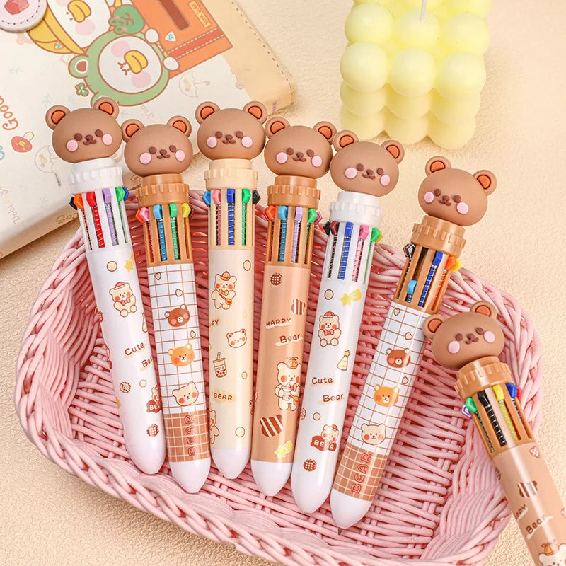 10 Colors Ballpoint Pen Cartoon Bear 0.5mm Colorful Ink Gel Pens Silicone Kawaii Pens School Office Supplies Korean Stationery - petguardiansupplies