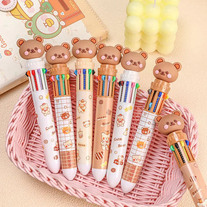 10 Colors Ballpoint Pen Cartoon Bear 0.5mm Colorful Ink Gel Pens Silicone Kawaii Pens School Office Supplies Korean Stationery - petguardiansupplies