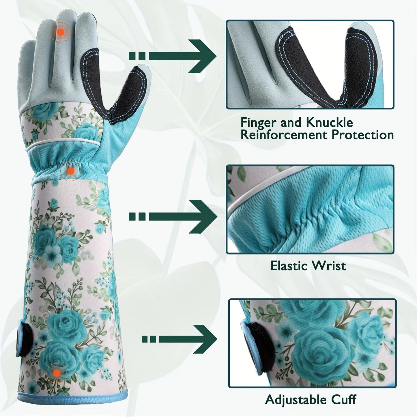 1 Pair Women's Long Gardening Gloves, Blue Print Leather, Thorn Proof, Breathable Gauntlet, Durable & Comfortable for Yard Work - petguardiansupplies