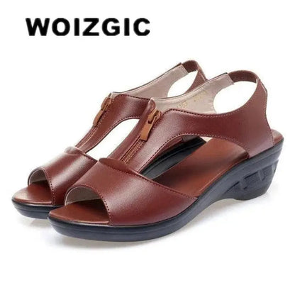 WOIZGIC Women Old Mother Laides Female Sandals Platform Shoes PU Leather Non Slip Beach Summer Cool Zipper Size 35-41 PGP-1153 - petguardiansupplies