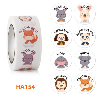 100-500 Pcs 1inch/2.5cm Animal Good Job Cool Stickers Roll for Envelope Praise Reward Student Work Label Stationery Seal Lable - petguardiansupplies