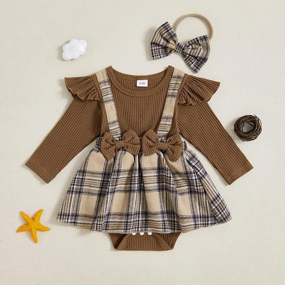 FOCUSNORM 0-18M Lovely Baby Girls Autumn Romper Dress Long Sleeve O Neck Plaid Print Patchwork Bow Jumpsuits with Headband - petguardiansupplies