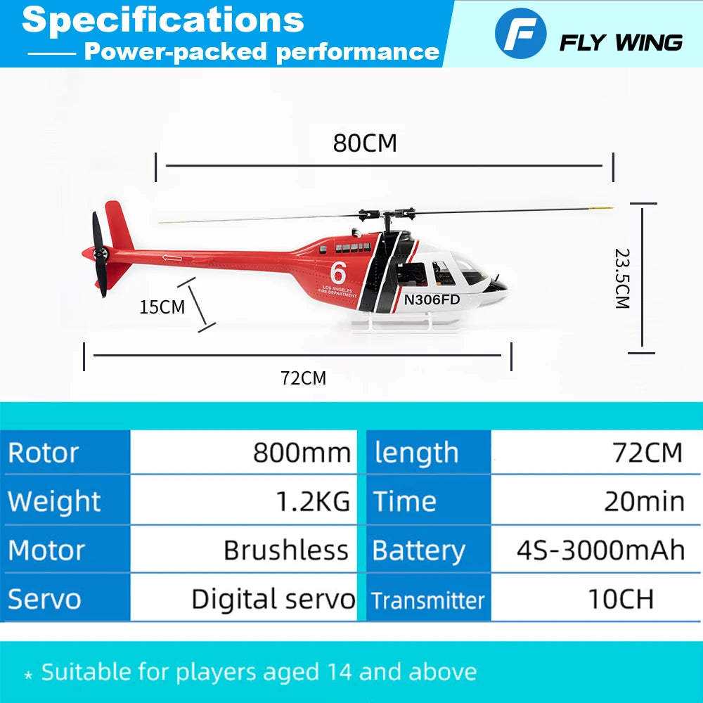 Flywing Bell 206 RC Helicopter V3 6CH GPS Altitude Hold Two Rotor 1:16 RC Scale Helicopter PNP RTF With H1 Flight Control System - petguardiansupplies