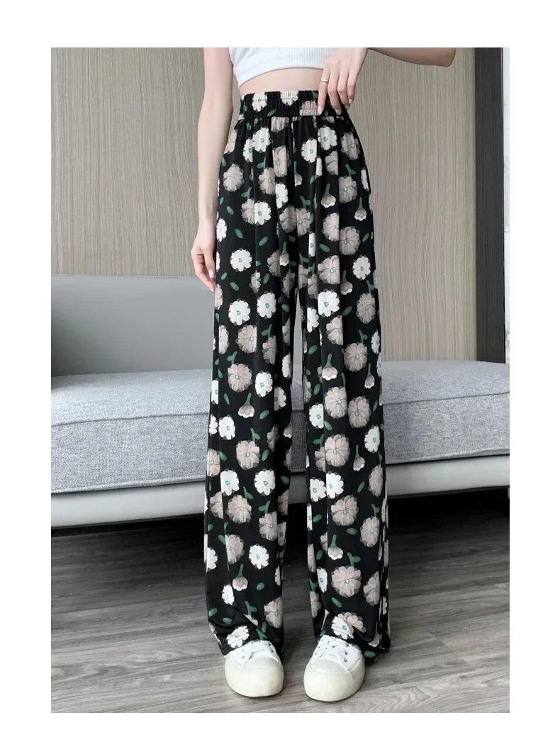 High-waisted Slimming Women's Bell Bottoms Casual Loose-fit Straight-leg Pants Summer Printing Ink Watermarked Chinese Style - petguardiansupplies