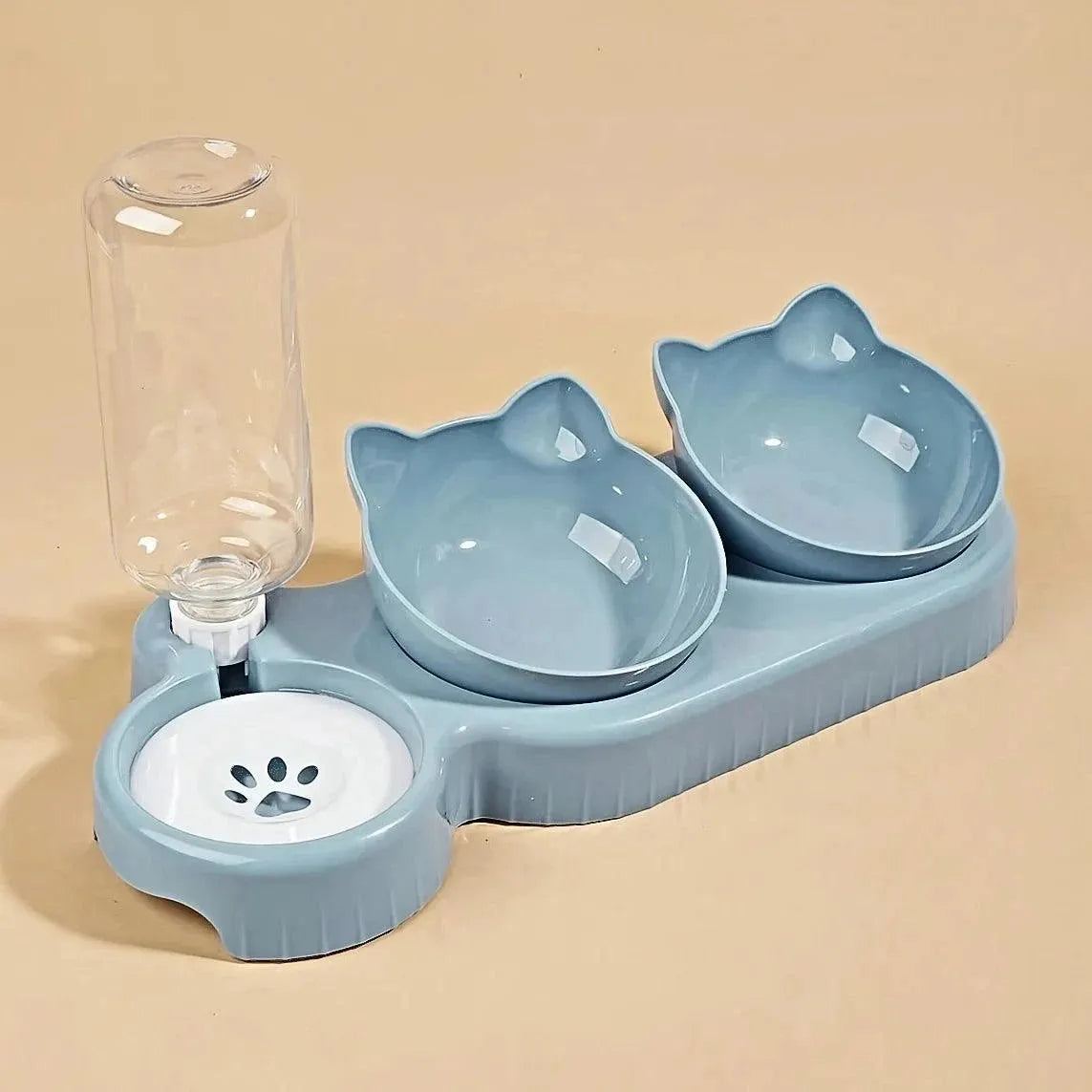 Pet Bowls With Water Feeder, 3 In 1 Ear Design Tilted Cat Water And Food Bowl Set With Gravity Water Bottle For Neck Protection - petguardiansupplies