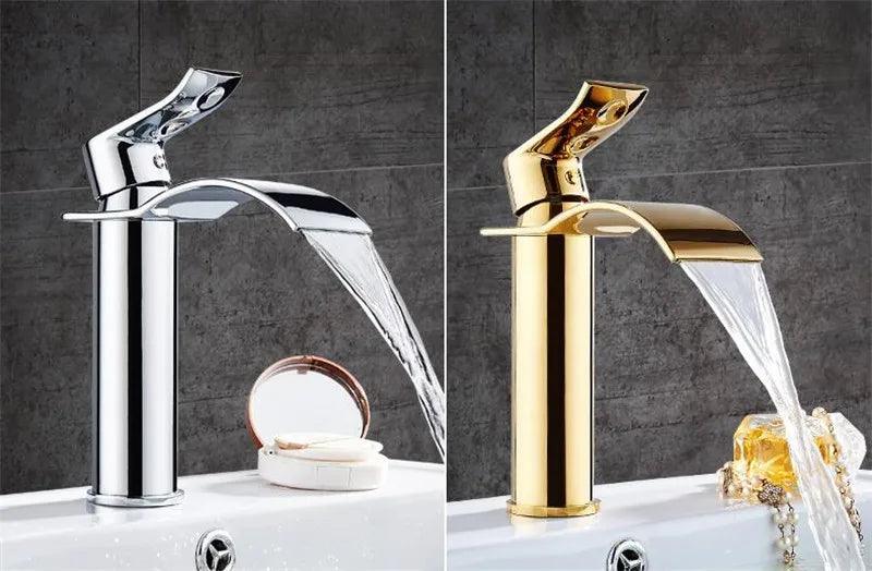 Basin Faucet Gold and white Waterfall Faucet Brass Bathroom Faucet Bathroom Basin Faucet Mixer Tap Hot and Cold Sink faucet - petguardiansupplies