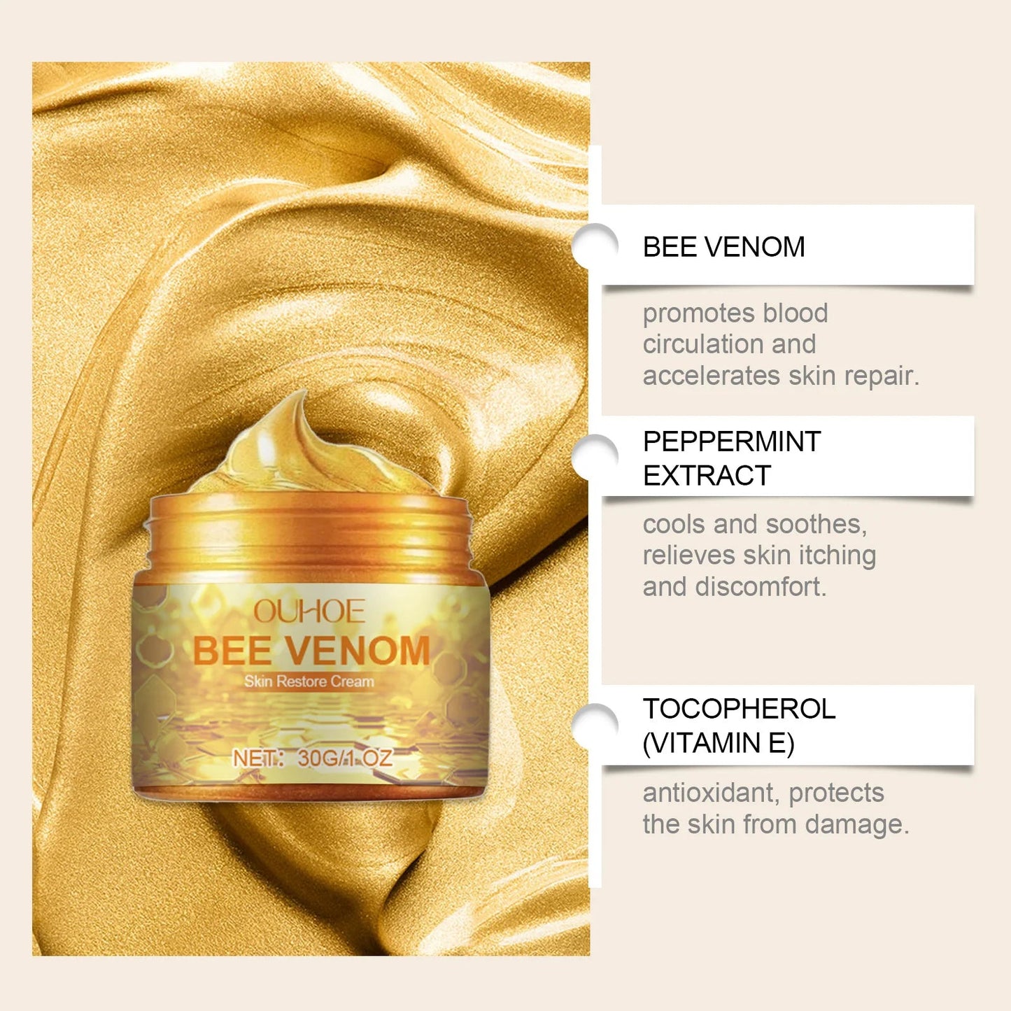 Bee Venom Skin Restore Cream - All Skin Types Anti-Aging Moisturizing Soothing Damaged Skin Repair Cream Portable - petguardiansupplies