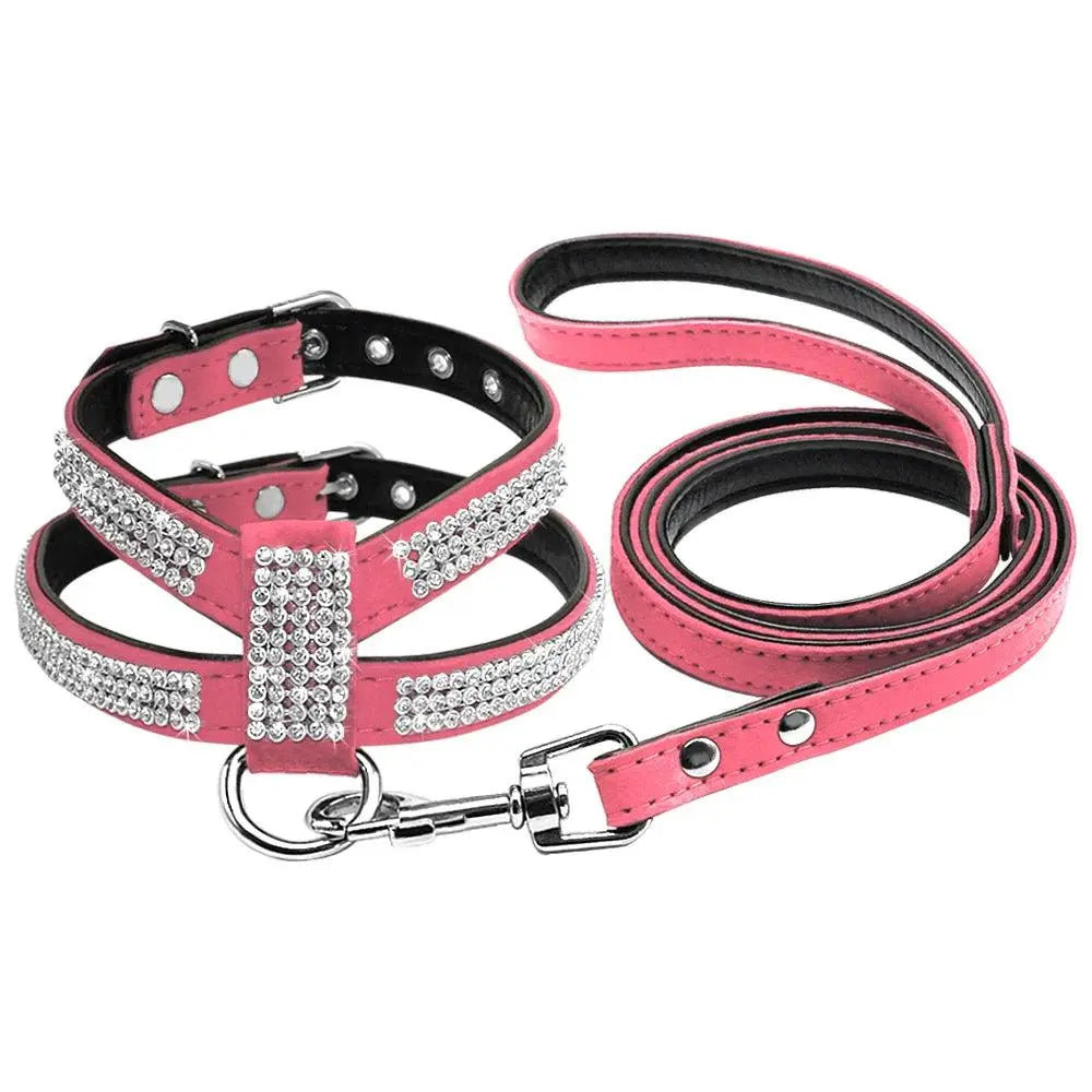 Didog Small Dog Harness And Leash set Suede Leather Rhinestone Pet Harnesses and Walking Leads For Small Medium Dogs Chihuahua - petguardiansupplies