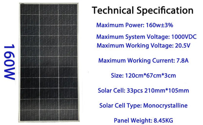 Solar Panel 100w 120w140w 160w 18V Rigid Solar Panel 25 Year Photovoltaic Monocrystalline Cell 12V Battery Charge - petguardiansupplies