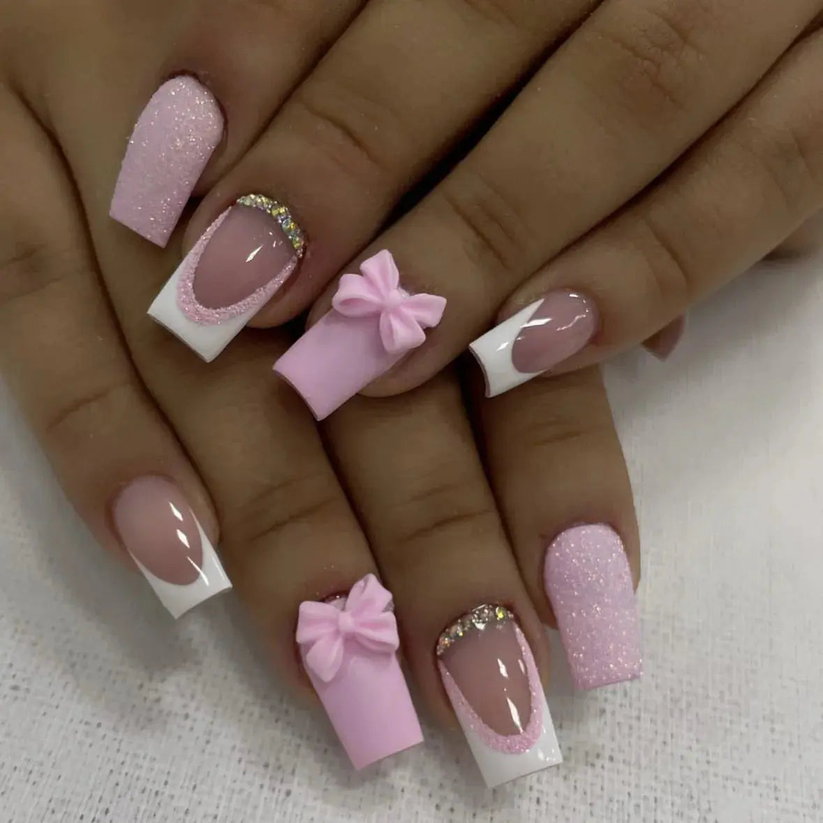 Pink French Style 3D Bowknot Press-On Nails-5