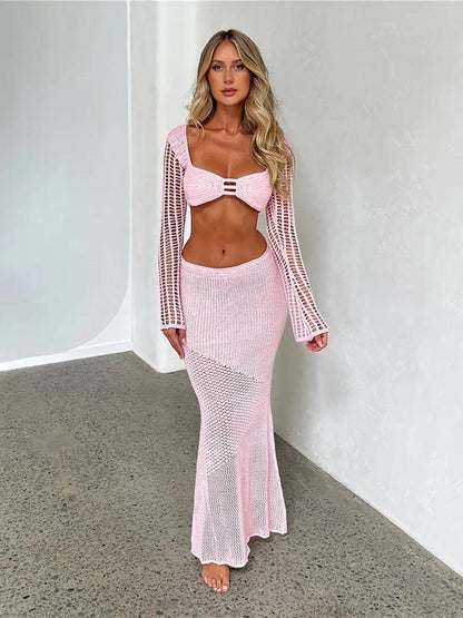 hirigin Women's Crochet Knit 2 Piece Skirt Set Hollow Out Crop Top Long Sleeve Backless Tie Up Club Bodycon Dress Outfits - petguardiansupplies