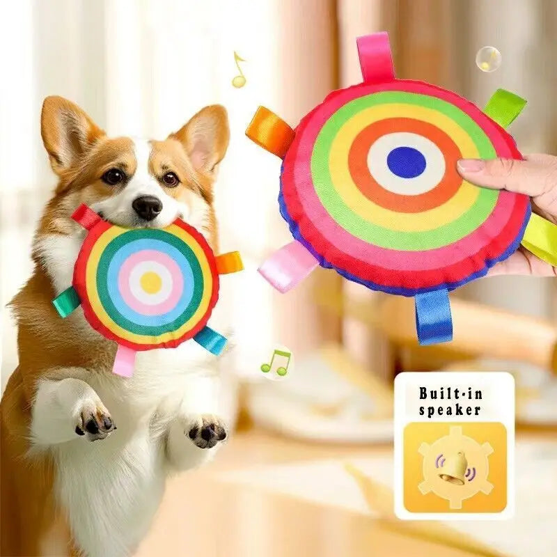 Pet interactive supplies plush frisbee with bell dog toy teeth grinding teeth cleaning resistant bite colorful webbing dog toy - petguardiansupplies