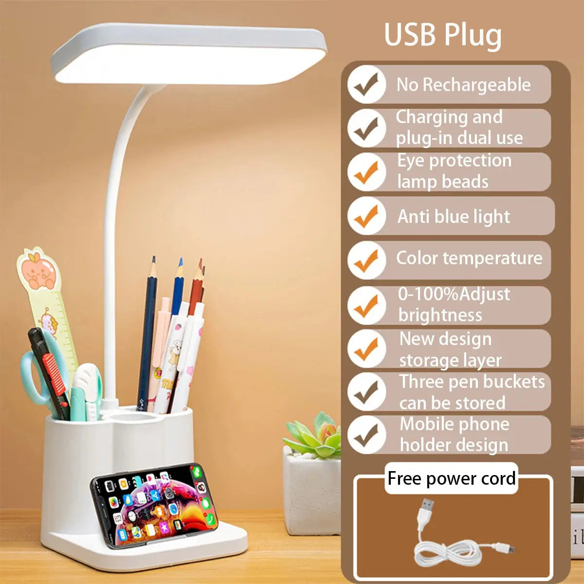 USB Rechargeable Table Lamp Learning Dormitory Bedroom Bedside LED Night Light Eye Protection 3 Levels Dimmable Touch Desk Lamp - petguardiansupplies