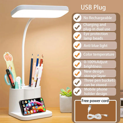 USB Rechargeable Table Lamp Learning Dormitory Bedroom Bedside LED Night Light Eye Protection 3 Levels Dimmable Touch Desk Lamp - petguardiansupplies