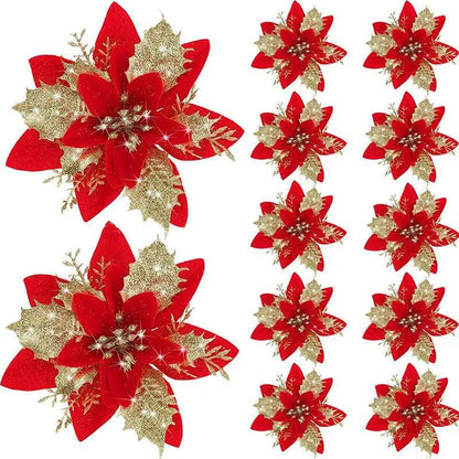 Glitter Artifical Christmas Flowers Merry Christmas Tree Decoration Happy New Year Ornaments Xmas Fake Flowers Natal - petguardiansupplies