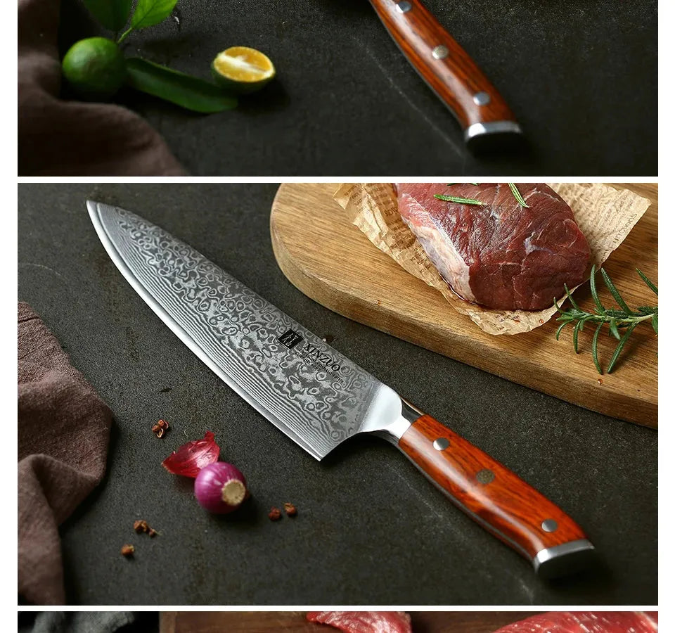 XINZUO 1PCS or 3PCS Kitchen Knife Sets Japanese Forged Damascus Steel Chef Santoku Knives Stainless Steel Rosewood Handle - petguardiansupplies