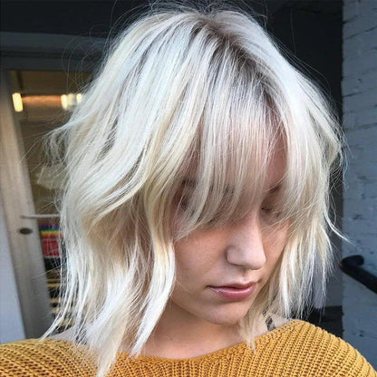 10" Perfect Neck Length Long Layered Haircuts in 2024 Ashy Blonde Highlights Human Hair Wig Cute Bangs Bob HD Lace Frontal Wig - petguardiansupplies