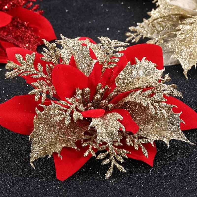 Glitter Artifical Christmas Flowers Merry Christmas Tree Decoration Happy New Year Ornaments Xmas Fake Flowers Natal - petguardiansupplies