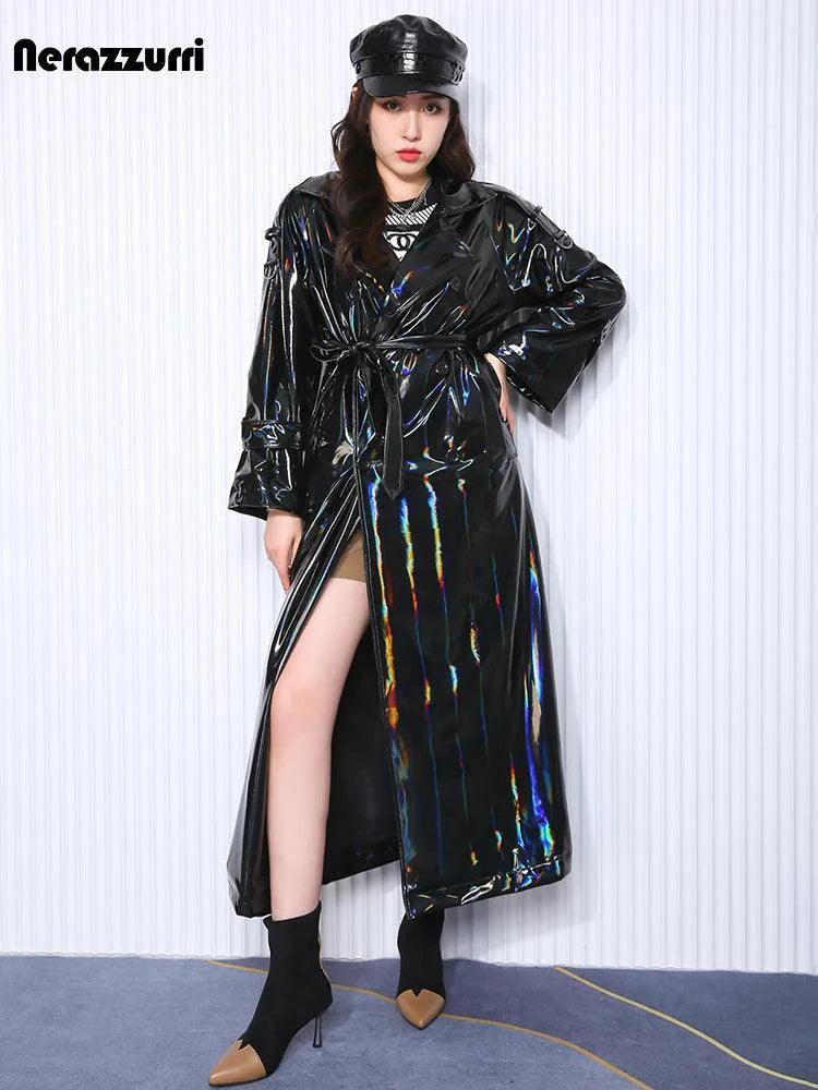 Nerazzurri Autumn Extra Long Black Holographic Shiny Reflective Stretchy Soft PVC Leather Trench Coat for Women European Fashion - petguardiansupplies