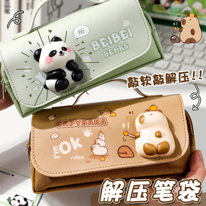 Green Panda Pencil Bag Large Capacity Stationery Pen Case Bear Dog Cat Handle Storage School Supplies Gift Box PU Ruler Holder A - petguardiansupplies