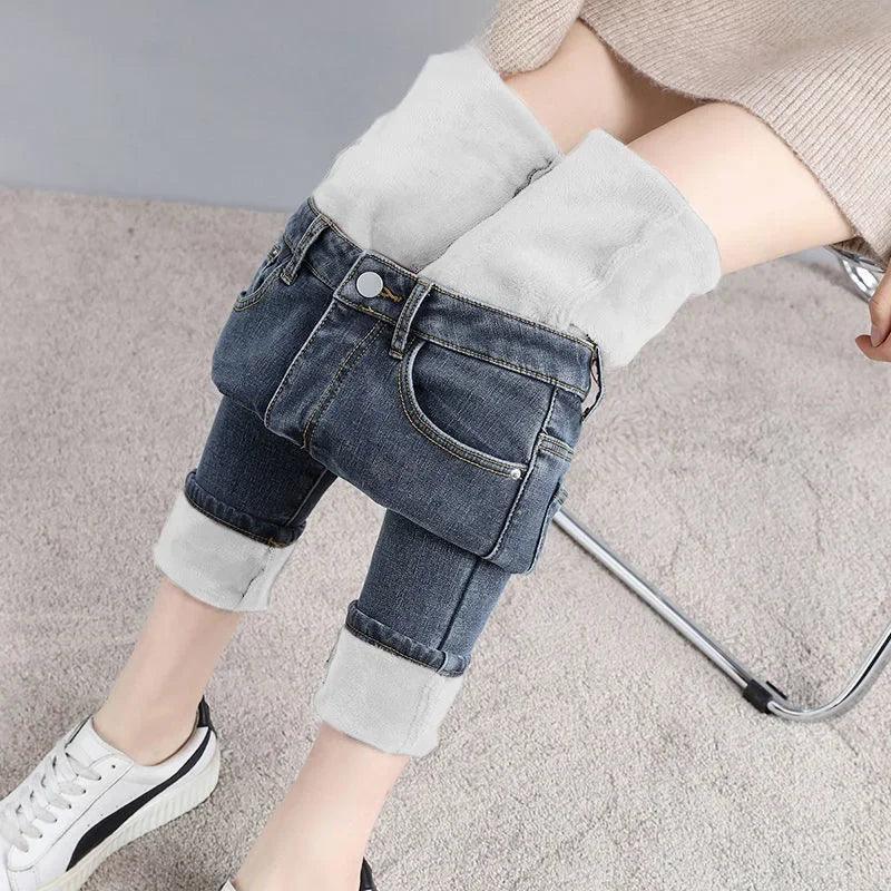 Winter Fleece-lined Thickened Women's Jeans Slimming Warm Elastic Pencil-leg Trousers - petguardiansupplies