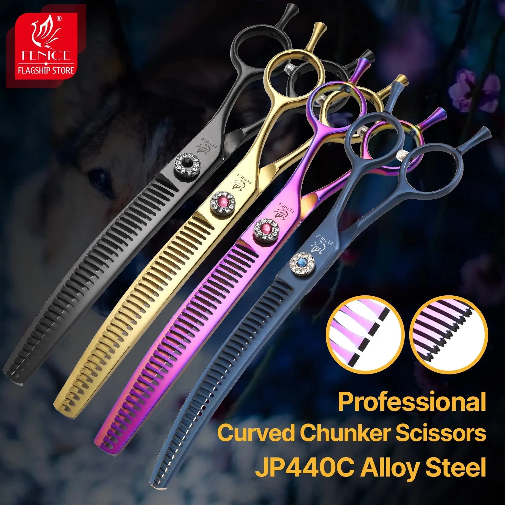 Fenice Professional JP440c 7 inch High quality Pet dog Grooming Scissors Curved thinning Shears Chunker Thinner Scissors - petguardiansupplies