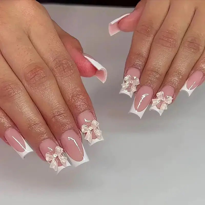 Pink French Style 3D Bowknot Press-On Nails-11