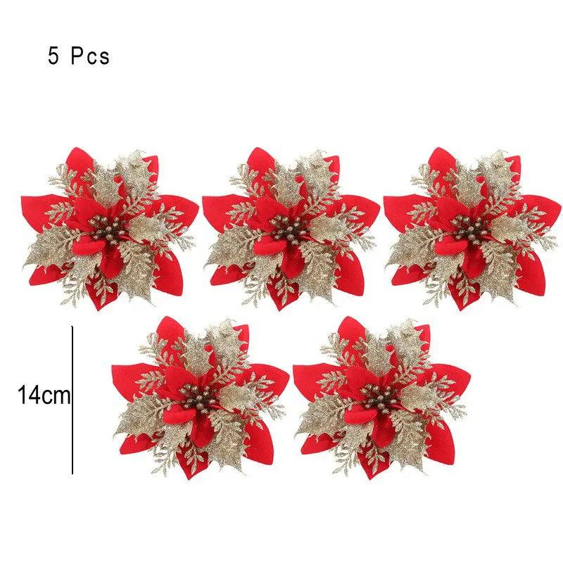 Glitter Artifical Christmas Flowers Merry Christmas Tree Decoration Happy New Year Ornaments Xmas Fake Flowers Natal - petguardiansupplies