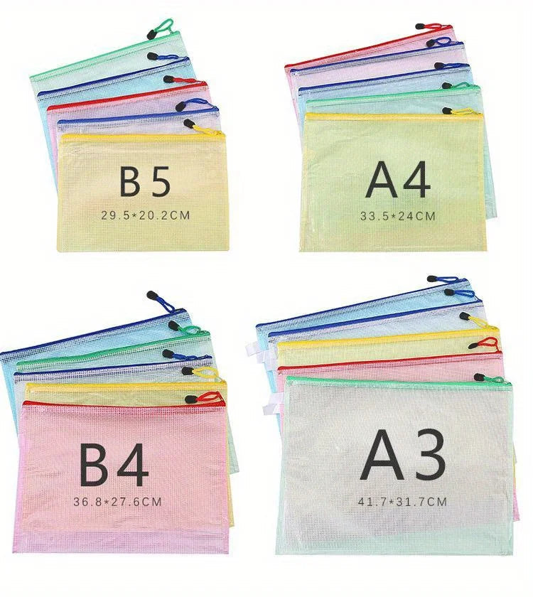 5PCS Stationery Storage Folder File Mesh Zipper Pouch A4 A5 A6 Document Bag Zip File Folders School Office Supplies - petguardiansupplies