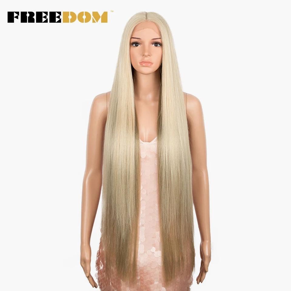 FREEDOM Synthetic Lace Front Wigs For Women Super Long 38Inch Ombre Blonde Highlight Ginger Straight Lace Wigs Cosplay Wigs - petguardiansupplies