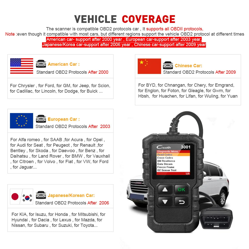 Launch X431 CR3001 Support Full OBDII/EOBD function Creader 3001 diagnostic tool Multilingual code reader scanner PK CR319 OM123 - petguardiansupplies