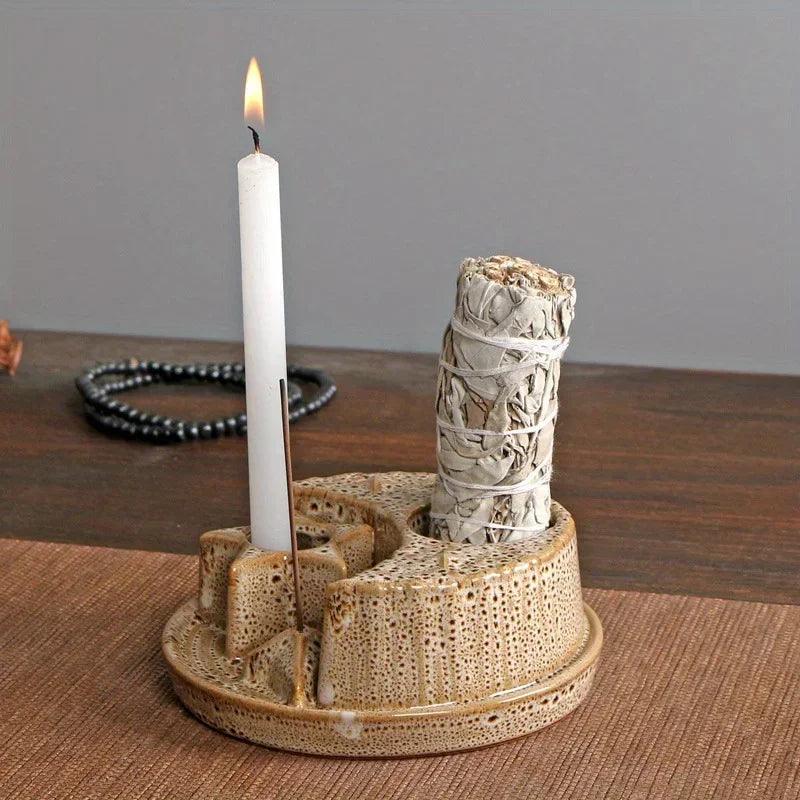 4-In-1 Ceramic Candle & Incense Holder Morandi Color with Cute Stars and Moon Design Perfect for Sage Palo Santo Stick Incense - petguardiansupplies