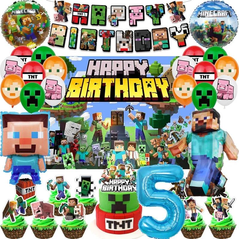 Miner Crafting Birthday Party Decoration Disposable Tableware Foil Balloon Banner Backdrop Cartoon Minecraft Game Theme Decor - petguardiansupplies