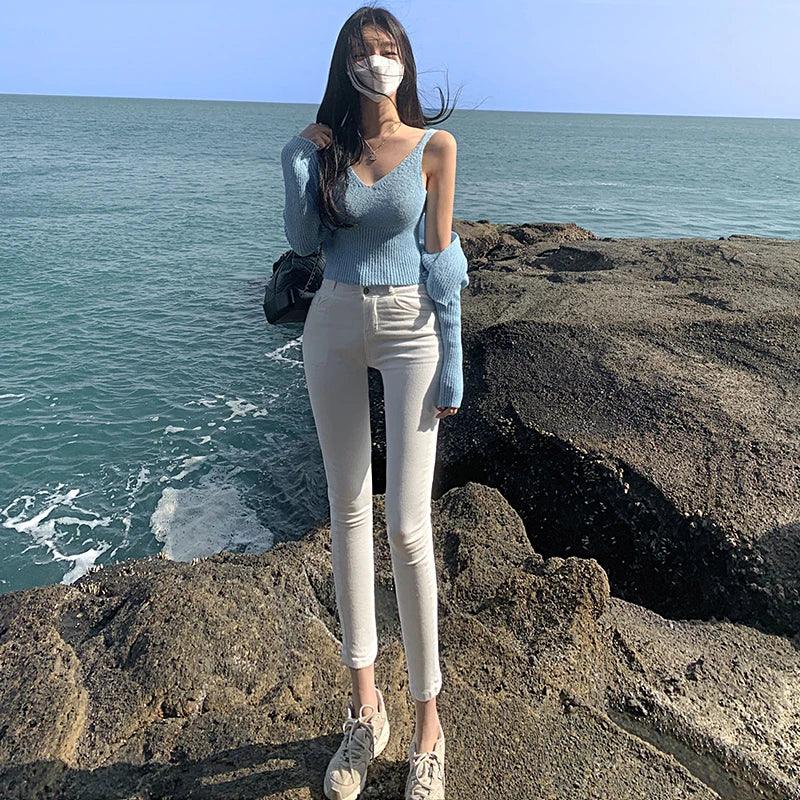 2023 Autumn New Skinny Jeans White Jeans Women's High Waist Slim Fit Slim Looking Stretch Cropped Pencil Pants Thin - petguardiansupplies