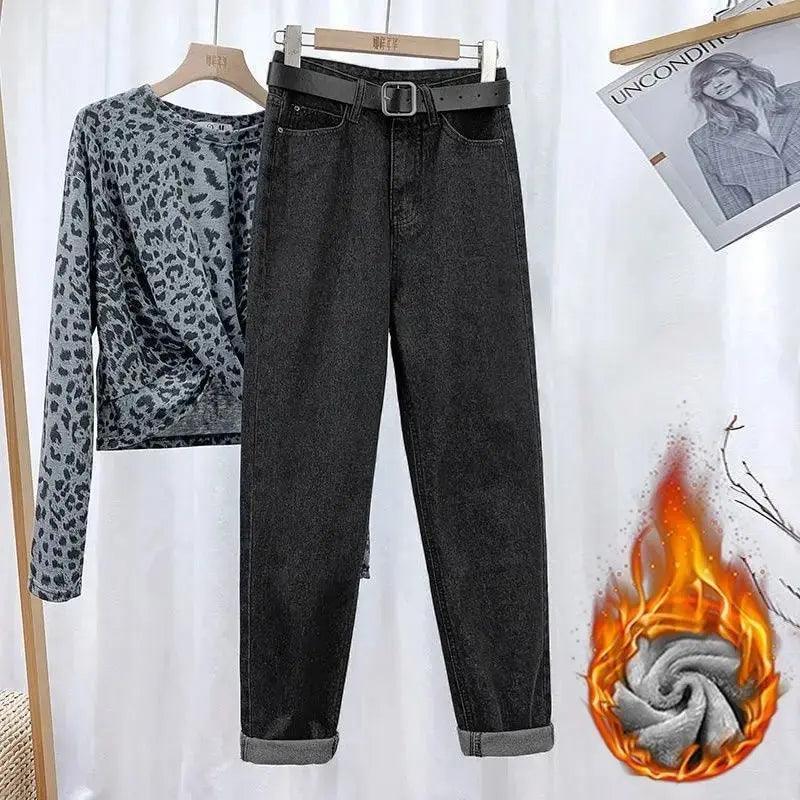 High-waisted Fleece-lined Women's Jeans Slimming Loose-fit Straight-leg Autumn/winter Warm Denim Pants - petguardiansupplies