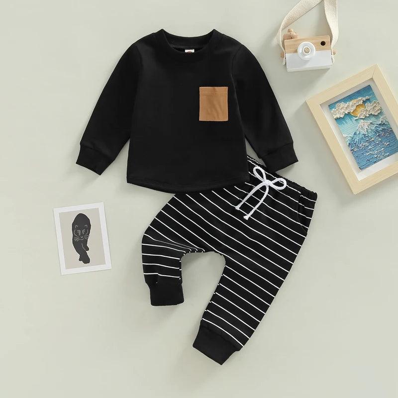 FOCUSNORM 0-3Y Autumn Causal Baby Boys 2pcs Clothes Sets Striped Patchwork Long Sleeve Pullover Pocket Sweatshirt Tops Pants - petguardiansupplies