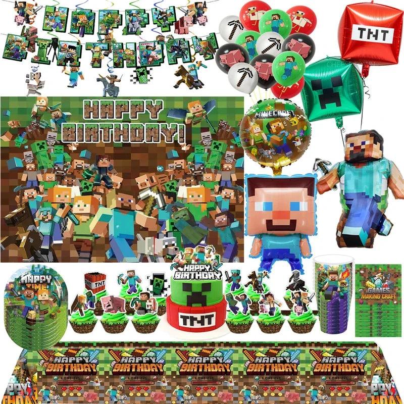 Miner Crafting Birthday Party Decoration Disposable Tableware Foil Balloon Banner Backdrop Cartoon Minecraft Game Theme Decor - petguardiansupplies