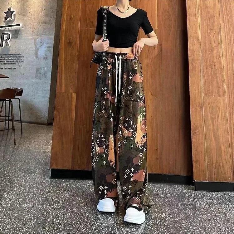 High-waisted Slimming Women's Bell Bottoms Casual Loose-fit Straight-leg Pants Summer Printing Ink Watermarked Chinese Style - petguardiansupplies