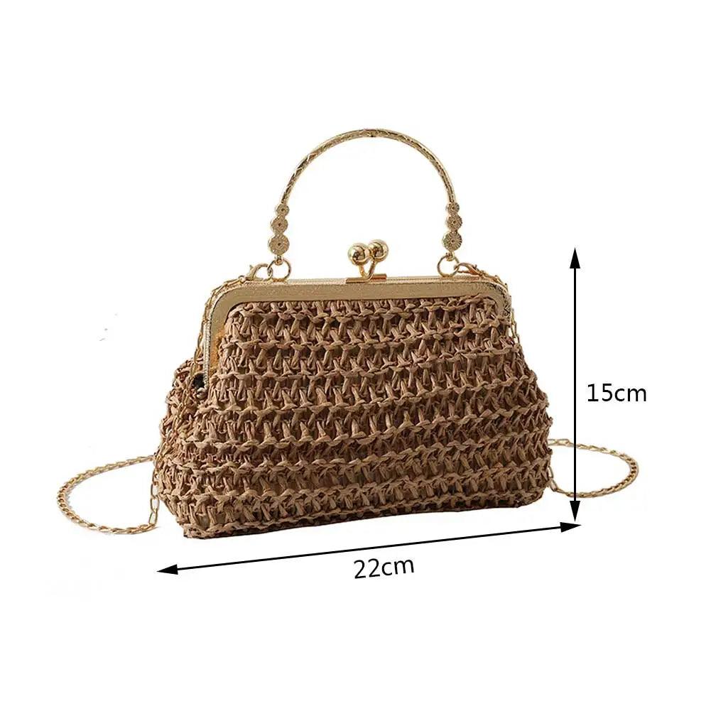 Summer Beach Straw Bags Exquisite Gold Chain Party Banquet Purse Hand Woven Handbag Female Clutch Bag Shoulder Crossbody Bags - petguardiansupplies