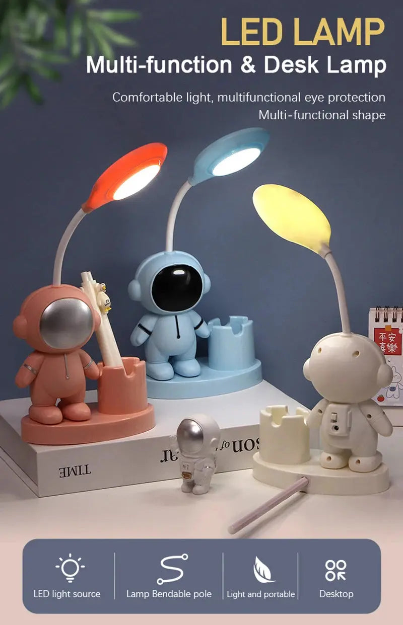 Creative Cute Astronaut Flexible Led Study Desk Lamp with Pencil Sharpener Bedside Color Adjust Table Lamp for Kids Student Room - petguardiansupplies