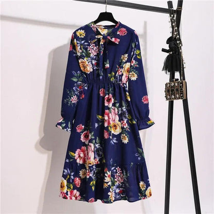 Elegant Women's Ruffle Edge Floral Print Dress Spring/autumn Waist-fitted Bow Tie Bottoming Dress - petguardiansupplies