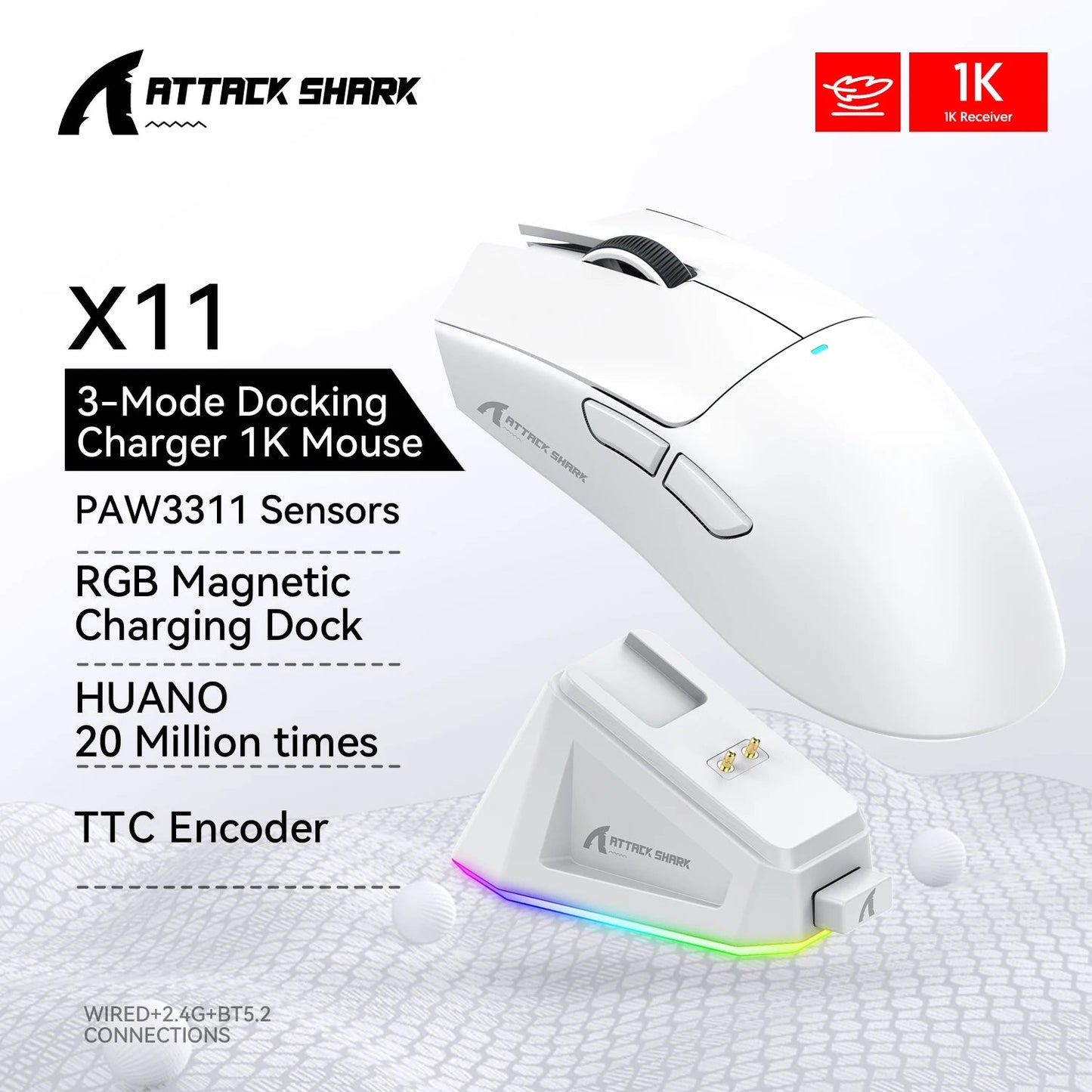 Attack Shark X11 Wireless Mouse,Bluetooth/2.4G/wired Tri-Mode Mouse ,PAW3311 RGB Magnetic charging dock Gaming Mouse - petguardiansupplies