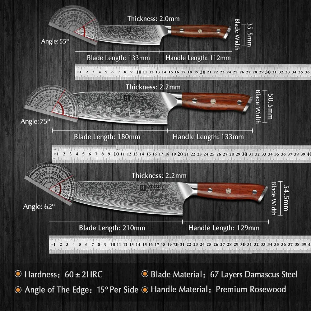 XINZUO 1PCS or 3PCS Kitchen Knife Sets Japanese Forged Damascus Steel Chef Santoku Knives Stainless Steel Rosewood Handle - petguardiansupplies