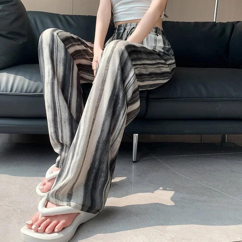 High-waisted Slimming Women's Bell Bottoms Casual Loose-fit Straight-leg Pants Summer Printing Ink Watermarked Chinese Style - petguardiansupplies