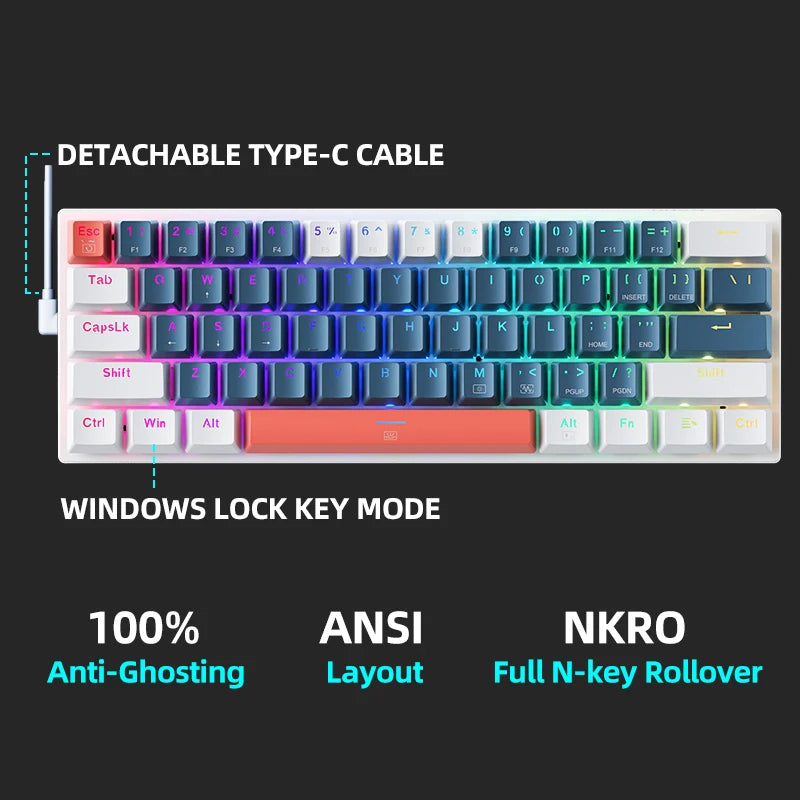 Machenike K500-B61 Mini Mechanical Keybaord 60% Form Factor 61Keys Gaming Keybaord Wired Full Key Hot-Swappable RGB Backlit - petguardiansupplies