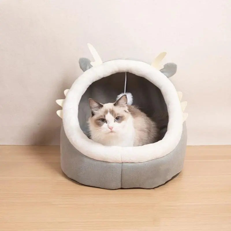 Dragon Cats Bed Dog House Plush Resting Cushion with Teaser Cats Warm Cave - petguardiansupplies