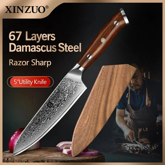 XINZUO 5'' Inch Utility Knives Japanese Damascus Steel Kitchen Knife Rosewood Handle Top Selling Small Knife Fruit Cook Knives - petguardiansupplies