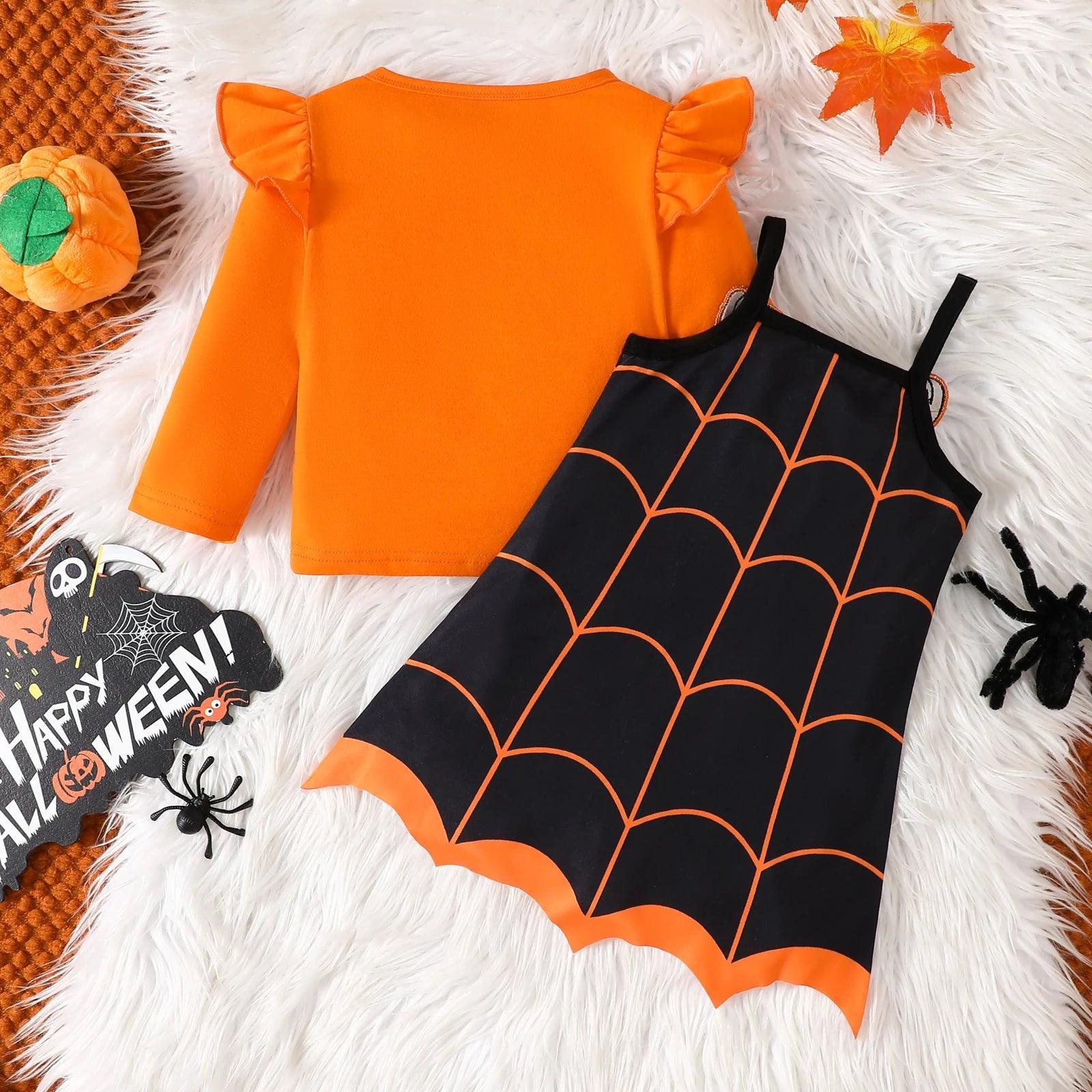 FOCUSNORM 0-4Y Autumn Little Girls Halloween Clothes Sets Outfit Long Sleeve Solid Tops and Pumpkin Patch Suspender Dress - petguardiansupplies