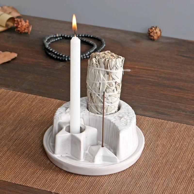 4-In-1 Ceramic Candle & Incense Holder Morandi Color with Cute Stars and Moon Design Perfect for Sage Palo Santo Stick Incense - petguardiansupplies